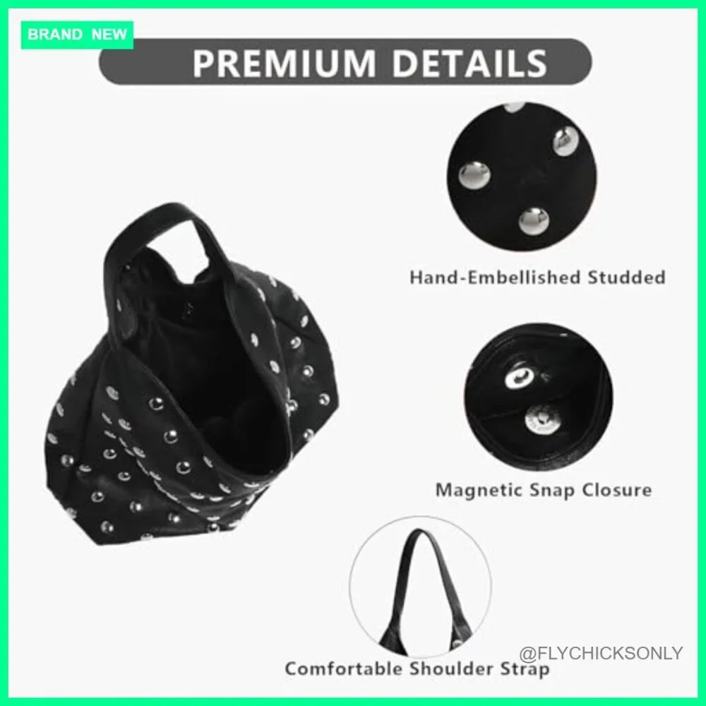 Studded Vegan Leather Hobo Bag Slouchy Shoulder Handbag Tote